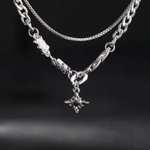 Men's Punk Style Rhinestone Decor Pendant Cuban Link Design Necklace, Double Layer Chain Trendy Jewelry for Party, Daily Clothing Decor, Exquisite Jewelry for Birthday Gift without Box