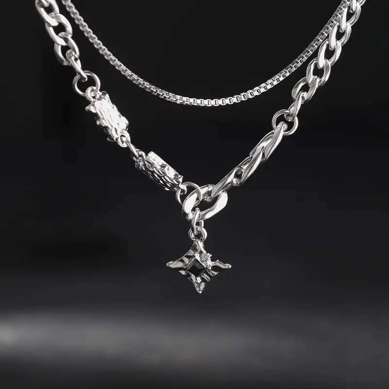 Men's Punk Style Rhinestone Decor Pendant Cuban Link Design Necklace, Double Layer Chain Trendy Jewelry for Party, Daily Clothing Decor, Exquisite Jewelry for Birthday Gift without Box