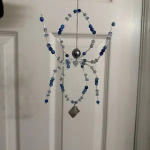 Blue Ice Spider Sun Catcher with Beaded Design and Hanging Chain for Home Decor