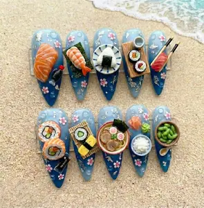 Realistic Sushi And Ramen Press On Nails | 3D Japanese Food Art with Salmon, Sashimi And Edamame Charms | Unique Handcrafted Foodie Nails