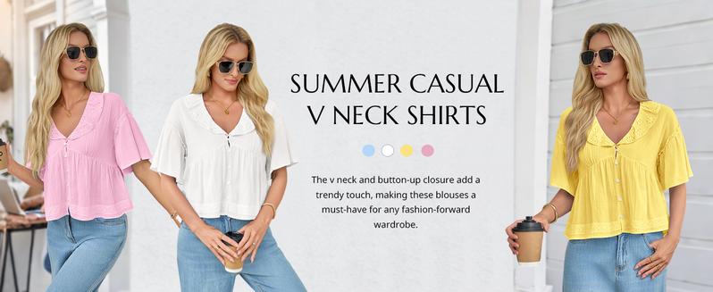 Cicy Bell Womens Cropped Babydoll Tops Summer Eyelet V Neck Short Sleeve Cute Blouses Ruffle Shirts
