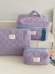 3pcs Color blocking plaid makeup bag, new quilted storage bag, large capacity portable toiletry bag, zipper closure, Travel cosmetic bags, suitable for women's business trips