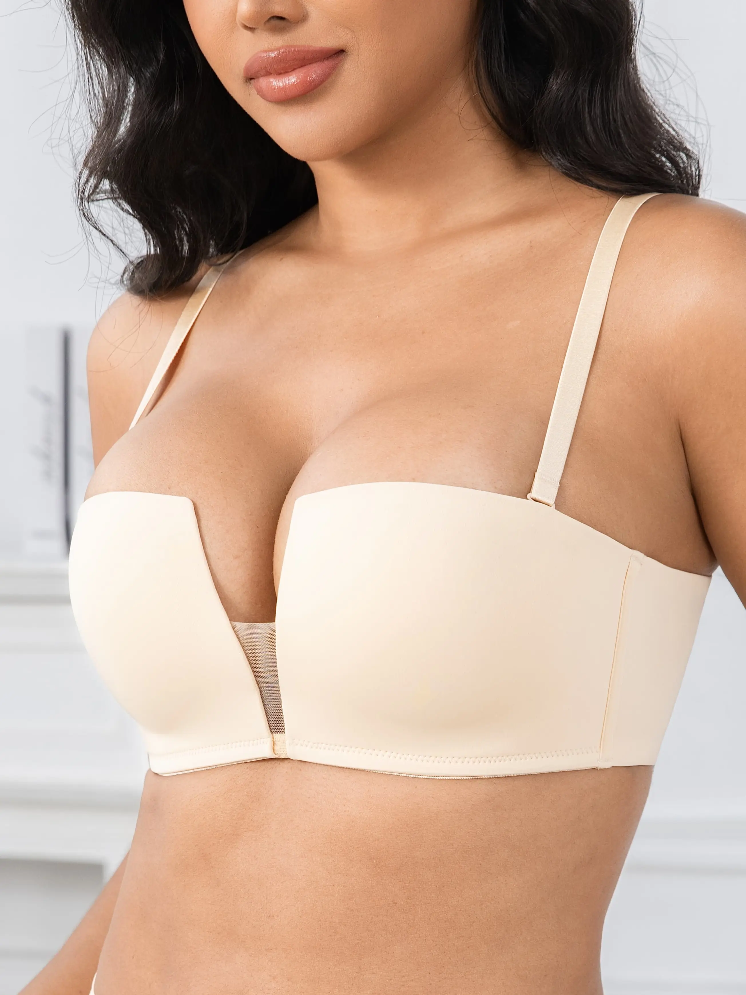 ANYIRIS Wireless Balconette Push Up Bras for Women Add 1 Cup Size Seamless Demi Bra No Underwire Natural Lift Support Convertible Multiway Bras with Classic & Clear Straps for Square Neck Tops Essential Soft Dress Womenswear