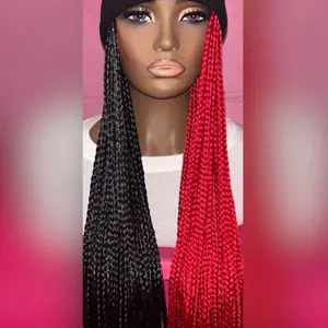 Women’s Custom Made 24” Half Black- Half Red Box Braids Wig Hat