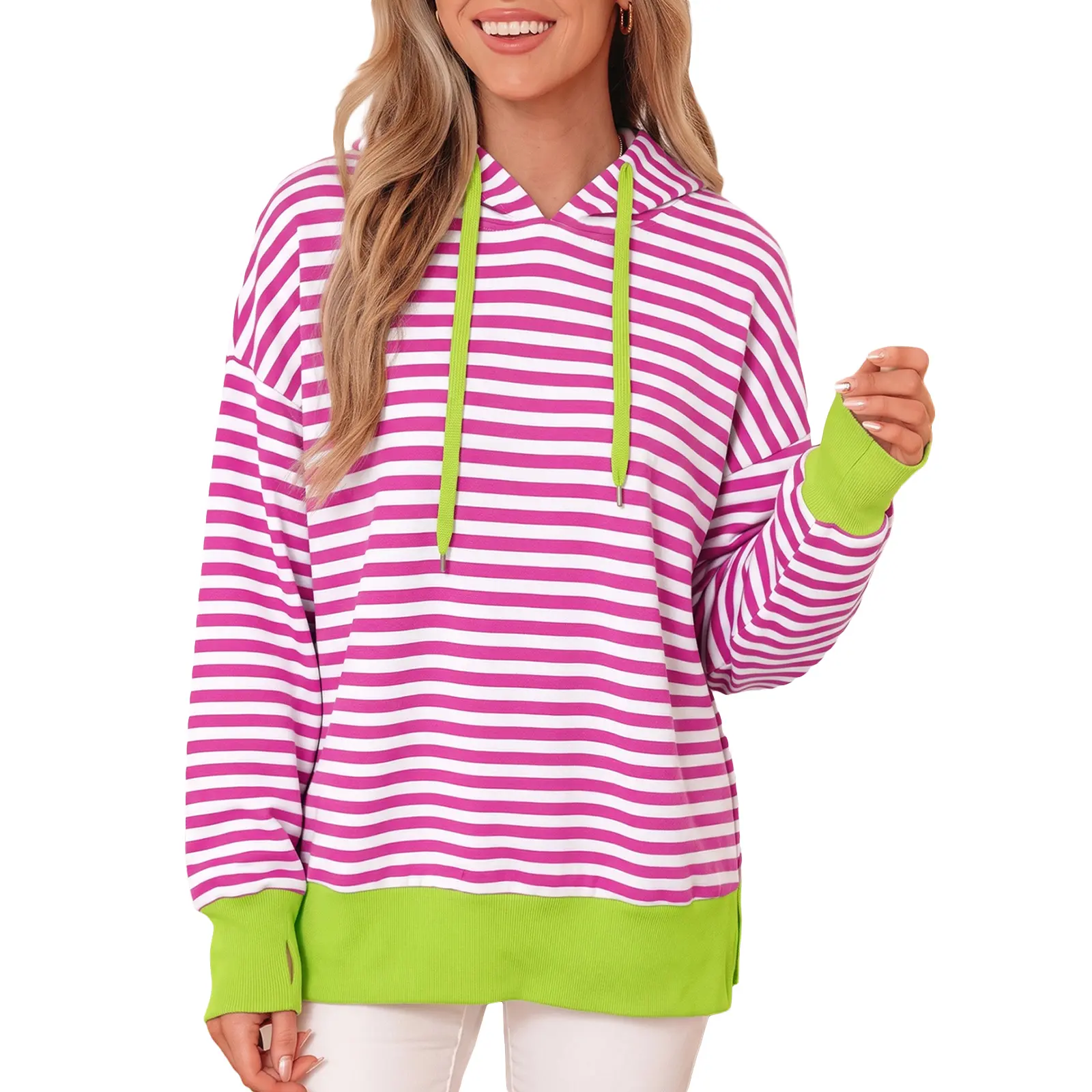 Aleumdr Women's Basic Pullover Hoodie Tops - (US 8-10)M Casual Striped Color-Block Cotton Long-Sleeve Athletic Sweatshirt with Elastane, Drawstring, Split Hem, Thumbholes for Athleisure Wear