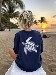 Breathable Lightweight Soft Comfy Casual Loose Fit Beach Vacation Sunset Tropical Palm Tree Sea Turtle Graphic T-Shirt for Women Trendy Y2K Aesthetic Summer Surf Ocean Lover Coconut Girl Boho Hawaii Coastal Vibes Tee Holiday Travel Daily Wear Cute Fashion