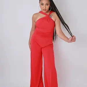 Red Bundle Dress and Jumpsuit - Large One-Shoulder Cut-Out Top and Wide-Leg Pants in Vibrant Red Color Summer Casual Maxi Basic Minimalist Sleeveless Womenswear Spaghetti Chic Ruched Fashion Slit Statement Crop Overalls