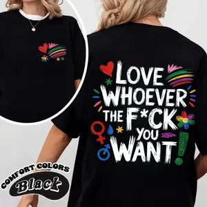 100% Cotton LGBTQ Love Pride Month Double-Sided Print Shirt, Love Whoever You Want Tee for Women and Men, Gay Pride Support Shirt, Rainbow Equality T-shirt, Colorful LGBT Tee,Machine Washable Casual Top,Size S-5XL