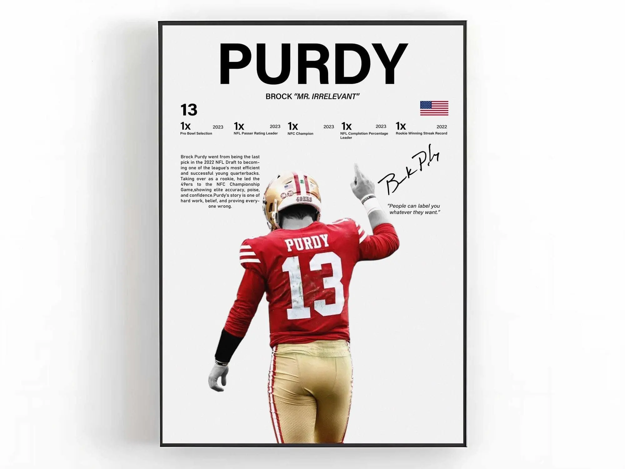 Brock Purdy Poster  Wall Art Print Sports Room Decor Fan Gift ( Unframed - Print Only )