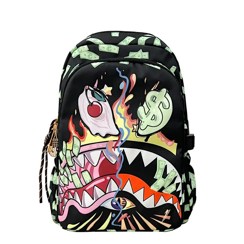 Sprayground Graffiti Money Print Shark Mouth Backpack, Hype Streetwear Large Capacity Laptop Backpack, Durable Fashion School Travel Backpack For Teen Boys Back To School Daily Casual Use