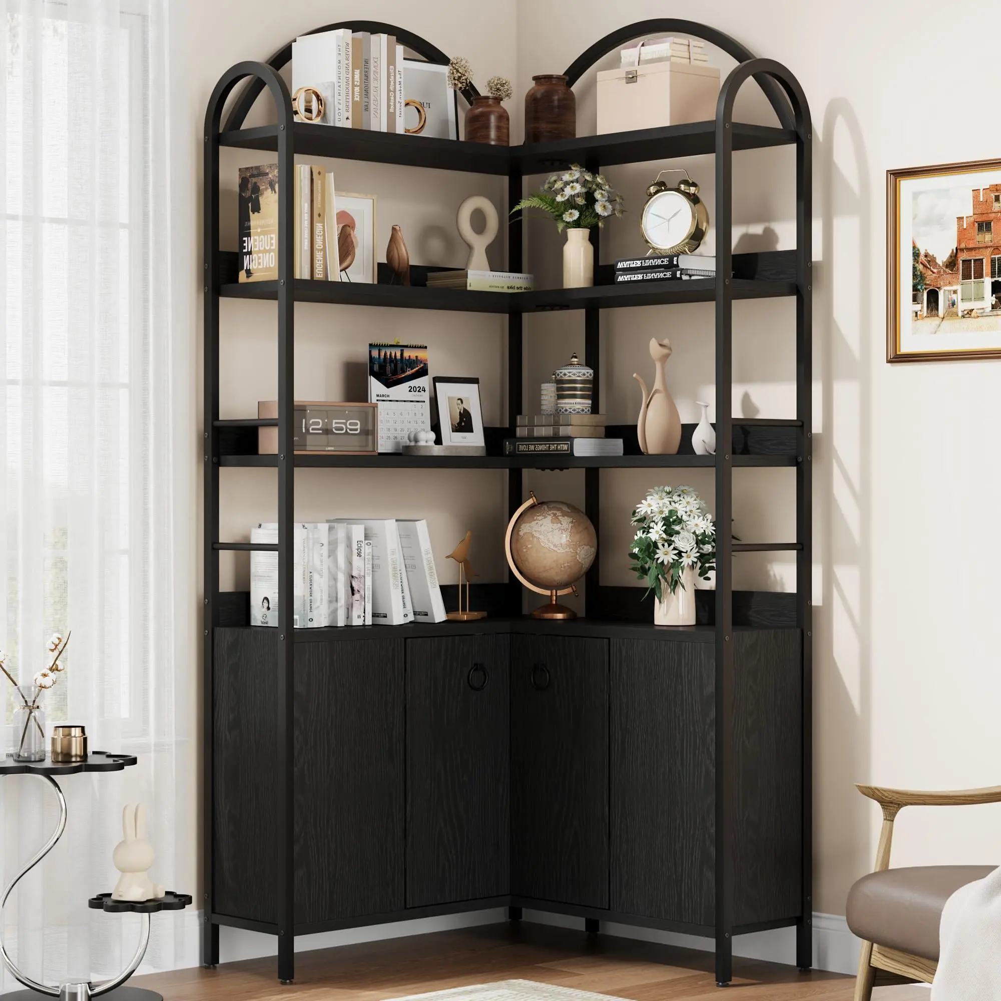 Black Industrial 6-Tier 74" Tall L-Shaped Corner MDF Wood Bookshelf - Metal Frame, Arched Top, Cabinet with Doors, Hidden Storage, Adjustable Legs, Stable Rustic Indoor Home Office Storage Furniture (Assembly Required)