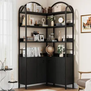 6-Tier Black Corner Bookshelf, 74" Tall Corner Bookcase with Storage, Rustic l Shaped Bookshelves with Cabinet, Large l Shape Bookshelf Bookcase with Doors for Living Room, Home Office