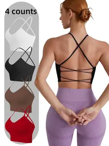 Women's Solid Criss Cross Back Sports Bra, Breathable Comfortable Wireless Sports Bra, Backless Sports Bra, Ladies Sportswear for Indoor Outdoor Wear, Yoga Sports Bra