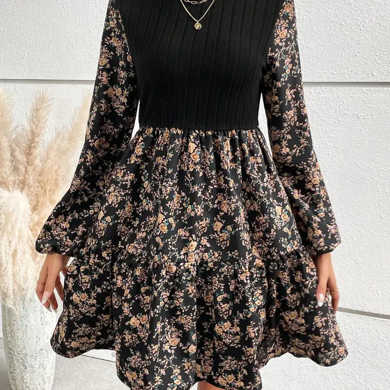 Women's Ditsy Floral Print Patchwork Ribbed Knit A Line Dress, Elegant Aesthetic Feminine Long Sleeve Round Neck Fitted Short Dress for Spring & Fall, Women's Clothing for Daily Wear, Floral Prints Dress, Womenswear