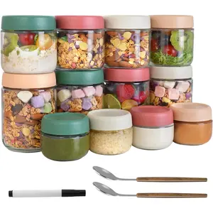 12Pack Overnight Oats Containers with Lids, 16oz, 8oz & 2oz Glass Jars with Airtight Lids, Wide mouth Mason Salad jars, Glass  Storage Containers for Yogurt Chia Pudding Snacks Cereal & Spices