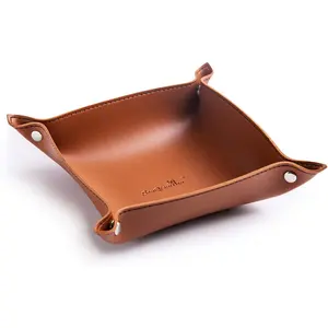 PU Leather  Valet Tray for Women and Men, Portable Entryway Table and Bedside Nightstand Desk Catchall Travel Dish Plate for Key, Wallet, Watch,  (Brown-B)