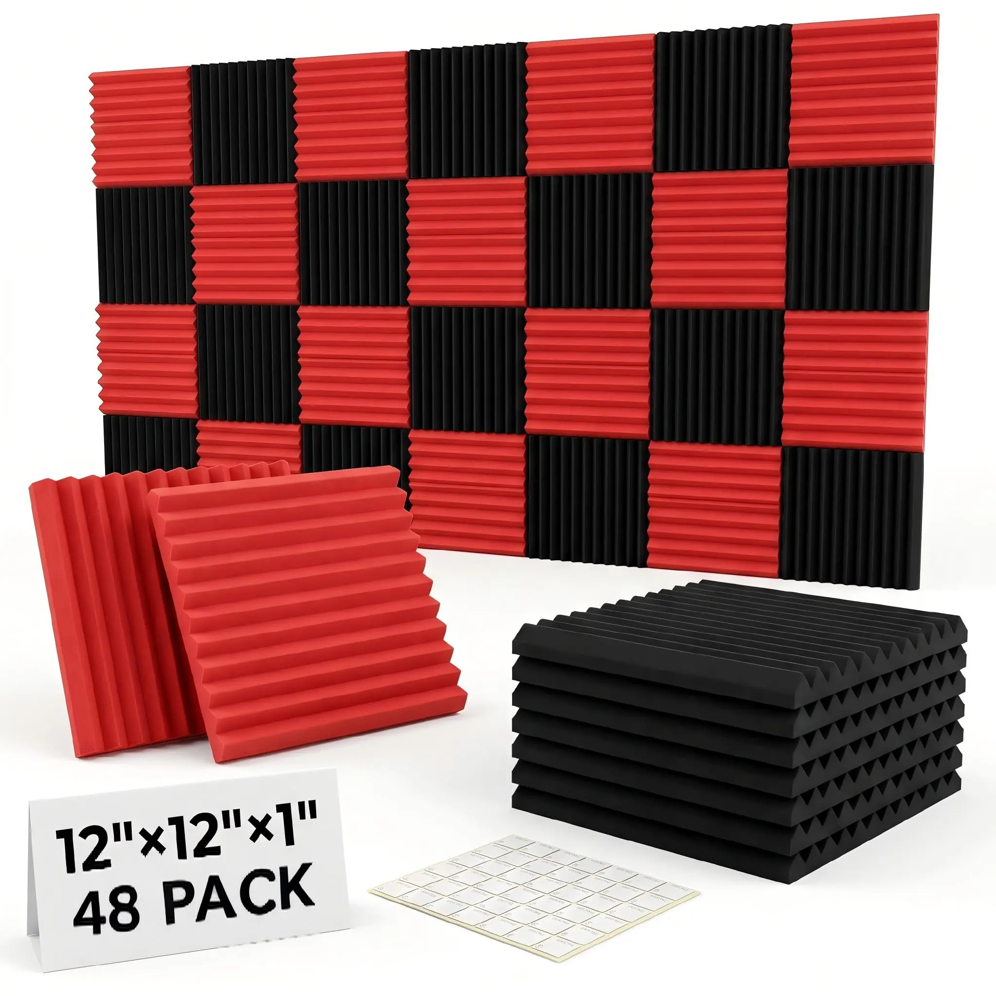 48  Soundproof Foam Panels, 1x12x12 Inch Absorptive Foam Boards, High Density Noise Reduction, Soundproofing, Studio Wedge Shapes （Black and Red）, Acoustic Panels, Recording Studio Equipment
