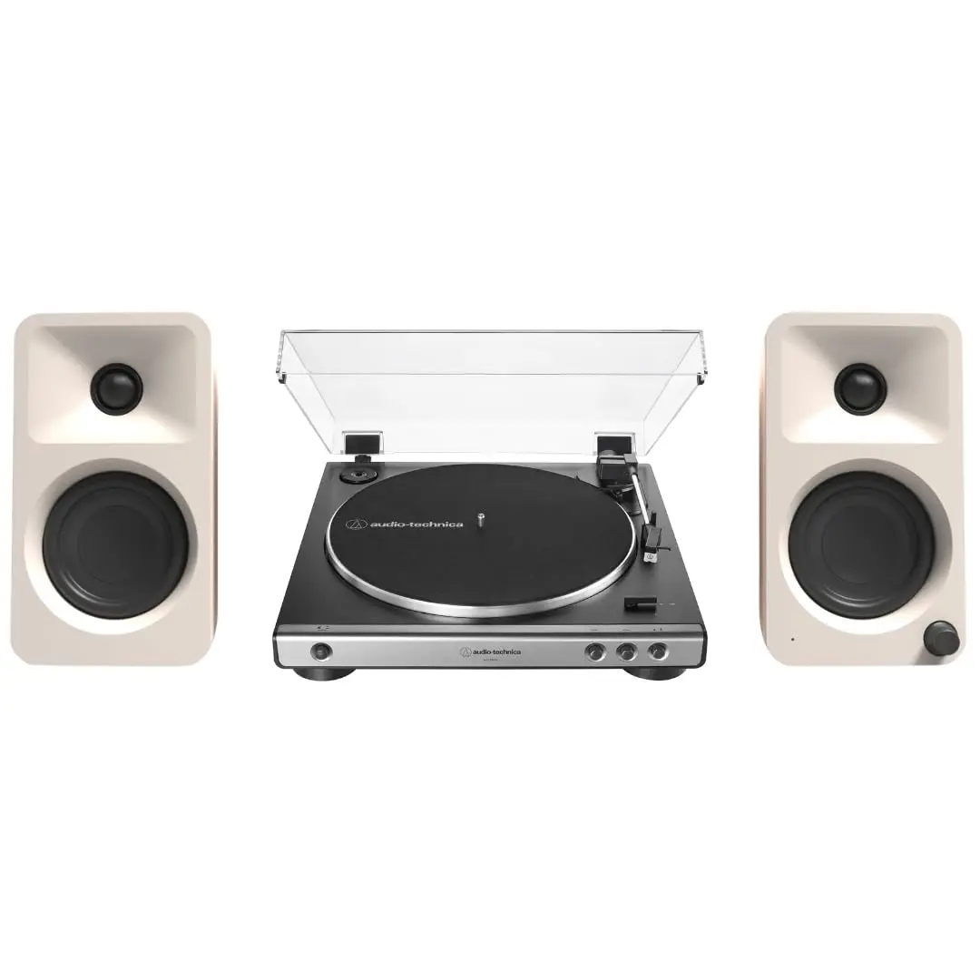 Kanto ORAME 100W Powered Reference Compact Stereo Desktop Speakers (Cream) Bundle, Includes 60X-GM Fully Automatic Belt-Drive Vinyl Turntable, Digital Amplifier, Wireless Bluetooth Receiver, USB Type-C for Computers