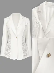 Women's Elegant Chic Fitted Blazer Jacket, Fashionable Side Lace Patchwork, V Neck Button Front Long Sleeve, Casual Workwear, All Seasons
