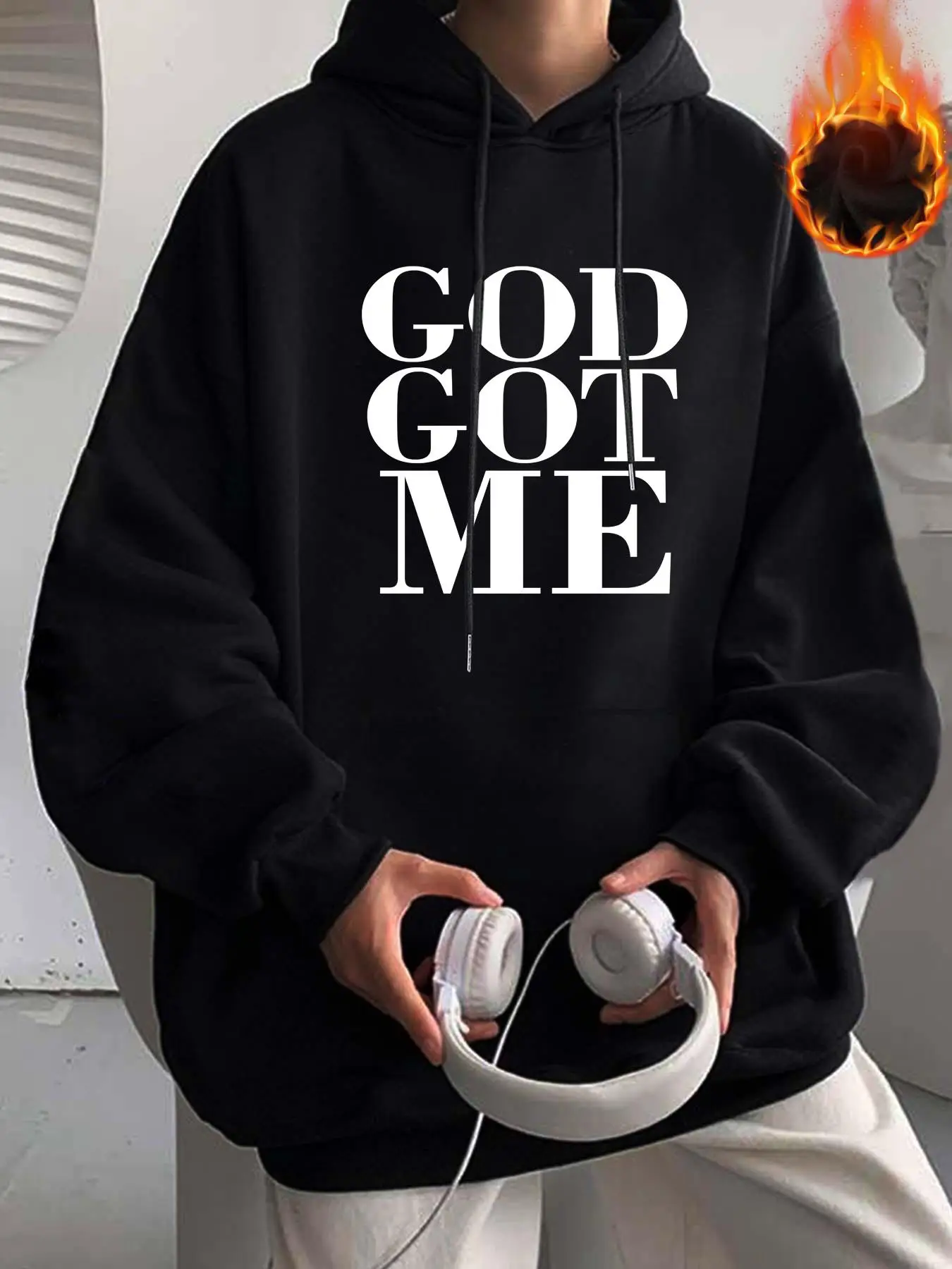 Men's "GOD GOT ME" Print Hoodie, Loose Casual Long Sleeve Essentials Hoodie, Hooded Sweatshirt for Fall & Winter, Casual Men's Clothing for Daily Wear