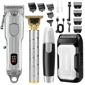 Silver Hair Clipper Kit with T-Blade Trimmer, Nose Trimmer, Electric Shaver for Men - Precision Grooming with LED Display, 8 Guide Combs, Cordless Design, Long Battery Life