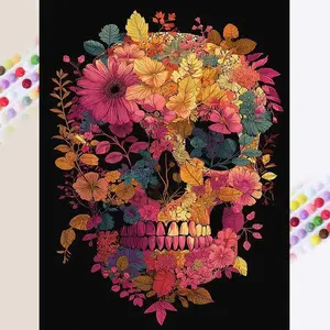 5D DIY Full Drill Round Diamond Painting - Diamond Painting Kit Flower Skull Mosaic Canvas DIY Wall Art, Home Wall Decoration, Handicraft