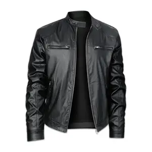 Men's Solid Color PU Leather Stand Collar Zip-up Motorcycle Jackets For Outdoor, Spring/ Fall Outwear For Man