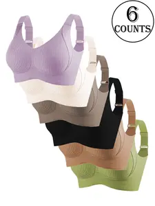 Women's Seamless Wireless Bra, Adjustable Wide Shoulder Straps, Comfortable Breathable Daily Wear, Ribbed Stripe Design, Medium