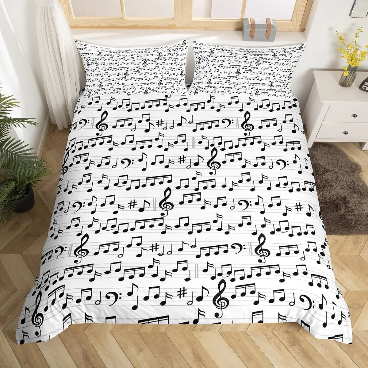 Music Bedding Set Musical Notes Comforter Cover Set Staff Music Theme Duvet Cover Breathable Musical Staff Printed Bedspread Cover White and Black Quilt Cover