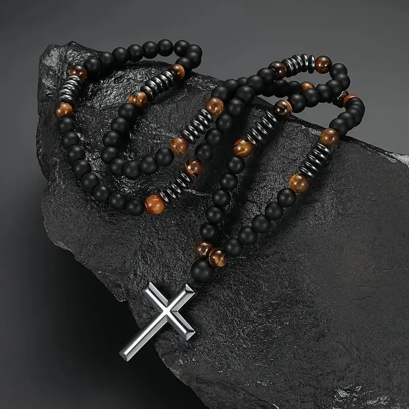 2Pcs Cross Necklace and Bracelet Jewelry Set - Black Volcano Stone and Yellow Tiger Eye Stone Bead Necklace with Cross Religious Pendant, Yellow Tiger Eye Stone Bead Bracelet, Ideal Gift for Men, Women, and Best Friends, Lovers