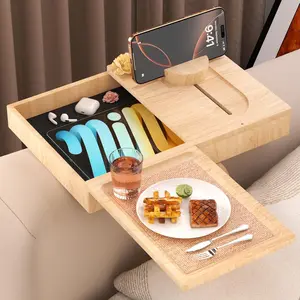 Bamboo Couch Arm Table with 2 Rotating Lids & Adjustable Phone Holder,Foldable Couch Arm Tray,Non-Slip Arm Rest Table Clip for Couch Pillow,Sofa Arm Tray for Snacks,Drinks or Dining