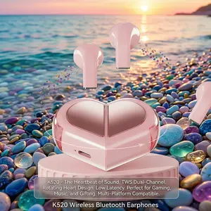 2026 NEW K520 Wireless Earbuds Stereo Earphone Rotatable Love Heart Shaped Charging Case Low Latency Headphones For Phone Tablet
