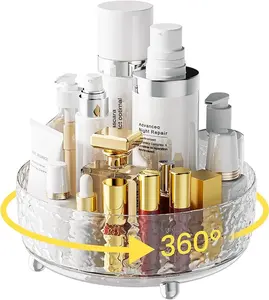 9-inch rotating display tray with a crystal-style look, perfect for arranging perfumes, skincare, and cosmetics while adding an elegant touch to any vanity or dresser