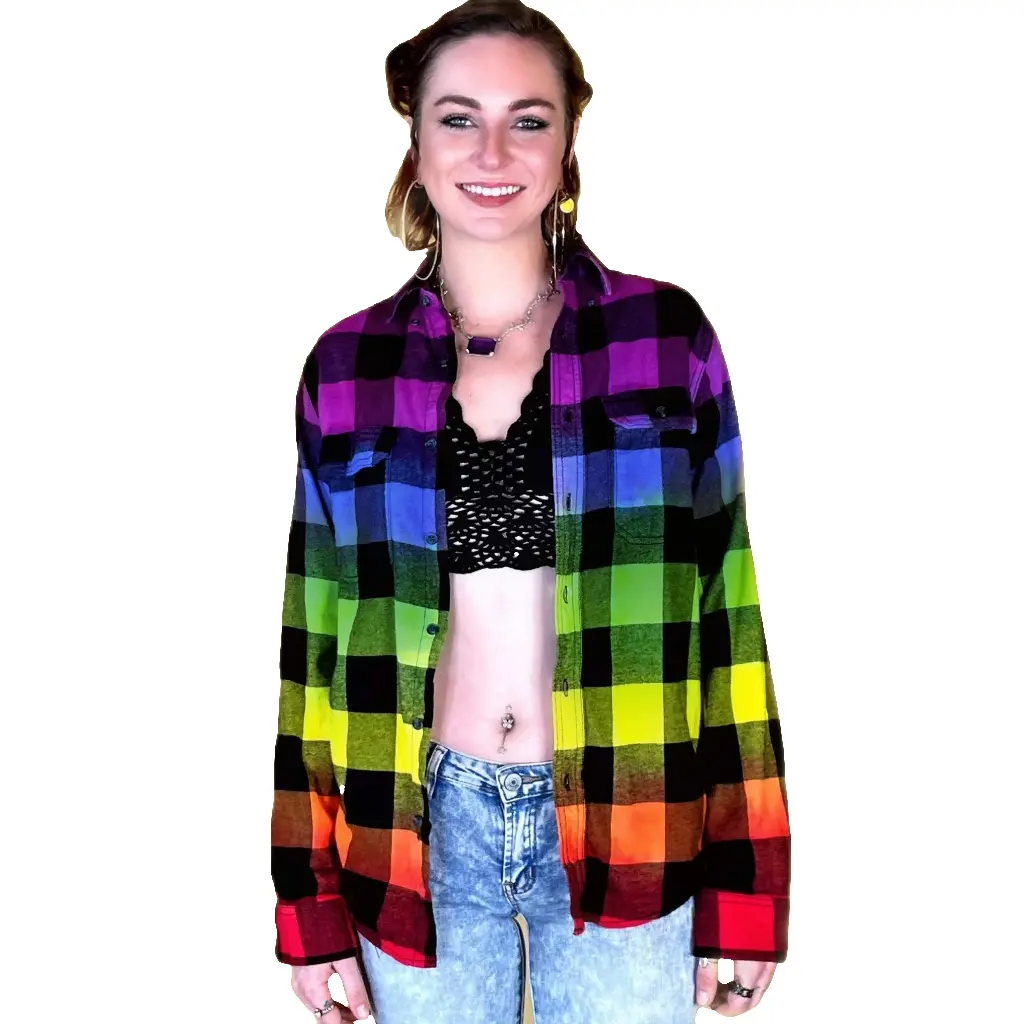 Tie Dye Rainbow Flannel - Purple Pride Flag Buffalo Plaid Shirt