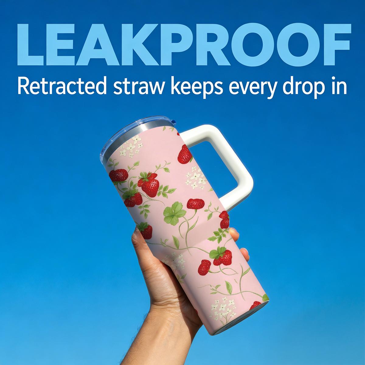 30 oz Sweet Strawberry Insulated Tumbler, Pastel Pink Travel Mug with Vintage Berry & Floral Print, Comfort Handle & Straw, Strawberry Girl Aesthetic Water Bottle, Perfect Gift for Her