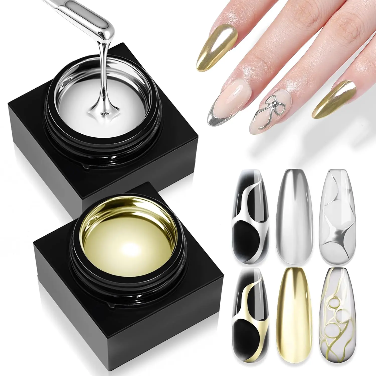 Metallic Gel Nail Polish Set: Silver & Gold Chrome Gel Polish 3D Metal Painting Gels Mirror Nail Polish Soak Off UV LED Chrome 3D Effect Nail Glue Gels for Salon Manicure Home DIY