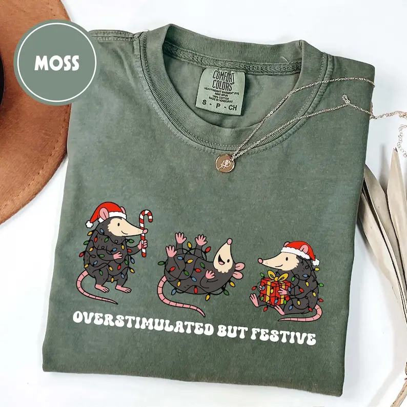 Comfort Colors Overstimulated But Festive Possum Christmas TShirt, Possum Christmas T-Shirt, Funny Christmas Tee, Meme Shirt, Christmas Gifts