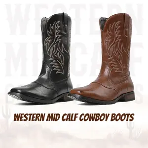 CYNLLIO Mens Cowboy Boots Closed Square Toe Elegant Embroidered Wide Calf Chunky Block Heel Pull on Western Mid Calf Country Cowboys Dance Boots