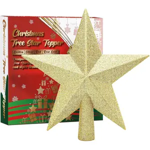 Glittered Christmas Star Tree Topper Decorative Holiday Treetop Shatterproof Star Ornament for Christmas Tree Decoration, Gold, 4 Inch