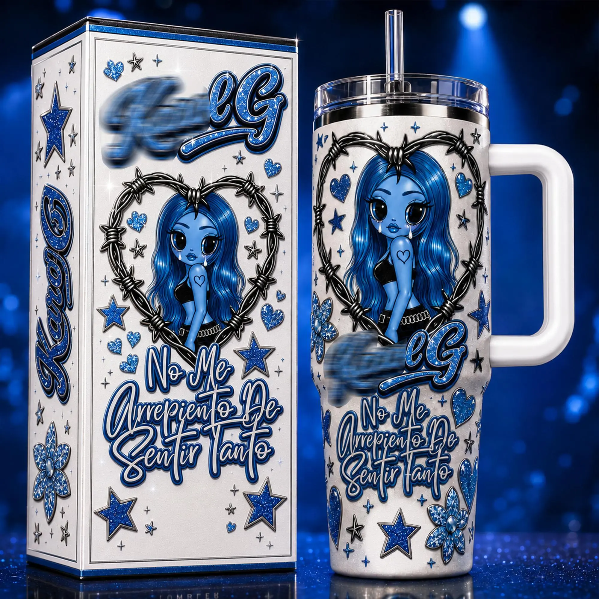 No Me Arrepiento de Sentir Tanto Tumbler 40oz with Handle and Straw, Blue Aesthetic Insulated Travel Mug, Stainless Steel Cup, Music Fan Gift, Reusable Coffee Tumbler, Large Water Cup for Home Office Car, Birthday Gift