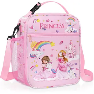 Princess Insulated Kids Lunch Bag Large Thermal Cooler Bag for Girl Picnic School Lunch Box Tote,Pink Unicron Castle