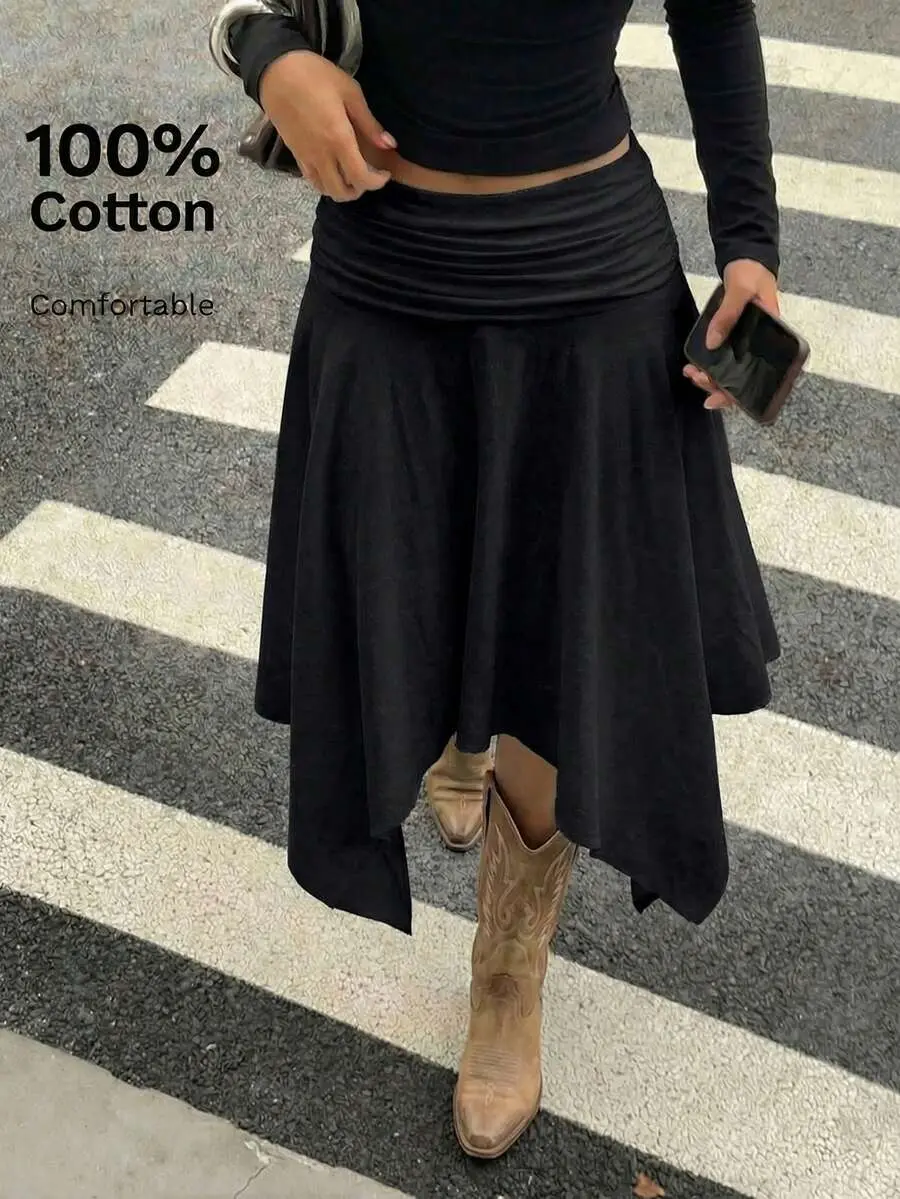 100% Cotton Midi Skirt Women Asymmetrical High Low Handkerchief Hem Skirts Y2K Boho Flowy Summer Vacation Festival Island Girl