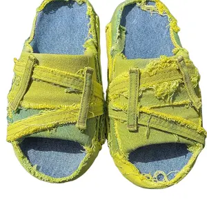 Lime Distressed Denim Slides