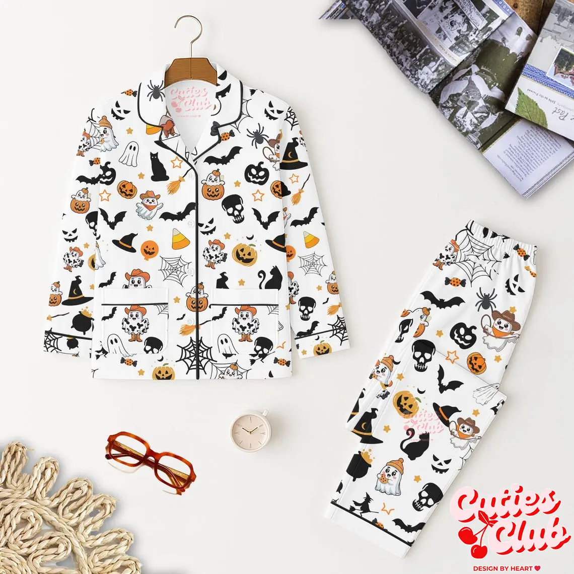 Cuties Club Halloween Cute Ghost Pajamas Set – Cute Goth Sleepwear, Purple Ghost Loungewear, Gift for Fans, Soft Two-Piece Loungewear Set Casual Sleepwear Pajama, Pijama Lightweight Loungewear Gift for Fan Womenswear Style Love