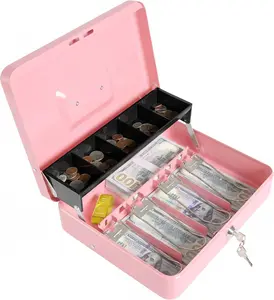 Locking Cash Box with Key Lock and Money Tray, Money Box, Lock Safe Box, Cash Money Lock Safe Box for Cash Register 11.8"x9.45"x3.54" (Pink Key)