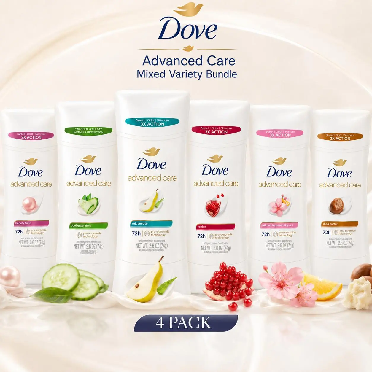 Dove Advanced Care Deodorant Stick Mixed Variety Bundle 4 Pack- Antiperspirant 2.6oz (74g) Assorted Scents for Women