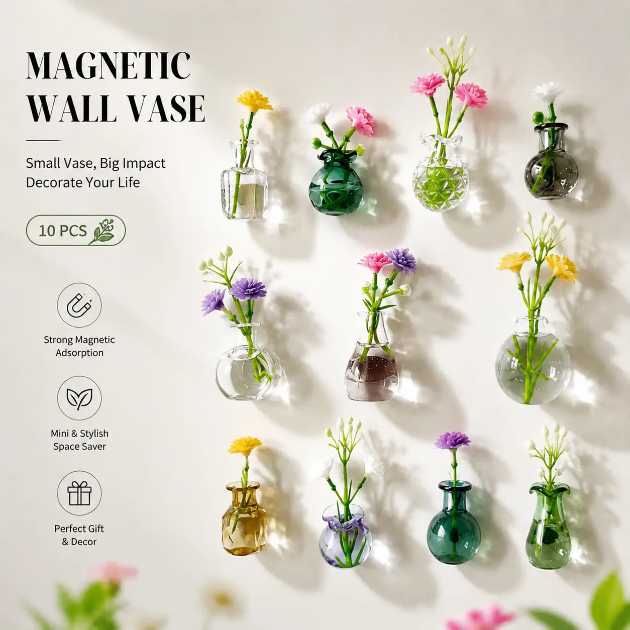 [10-Pack] Decorative Fridge Magnets Mini Glass Vase Bottle Set, Magnetic Item Hydroponic Flower Propagation Station for Refrigerator & Locker, Cute Home Decor for Room & Kitchen