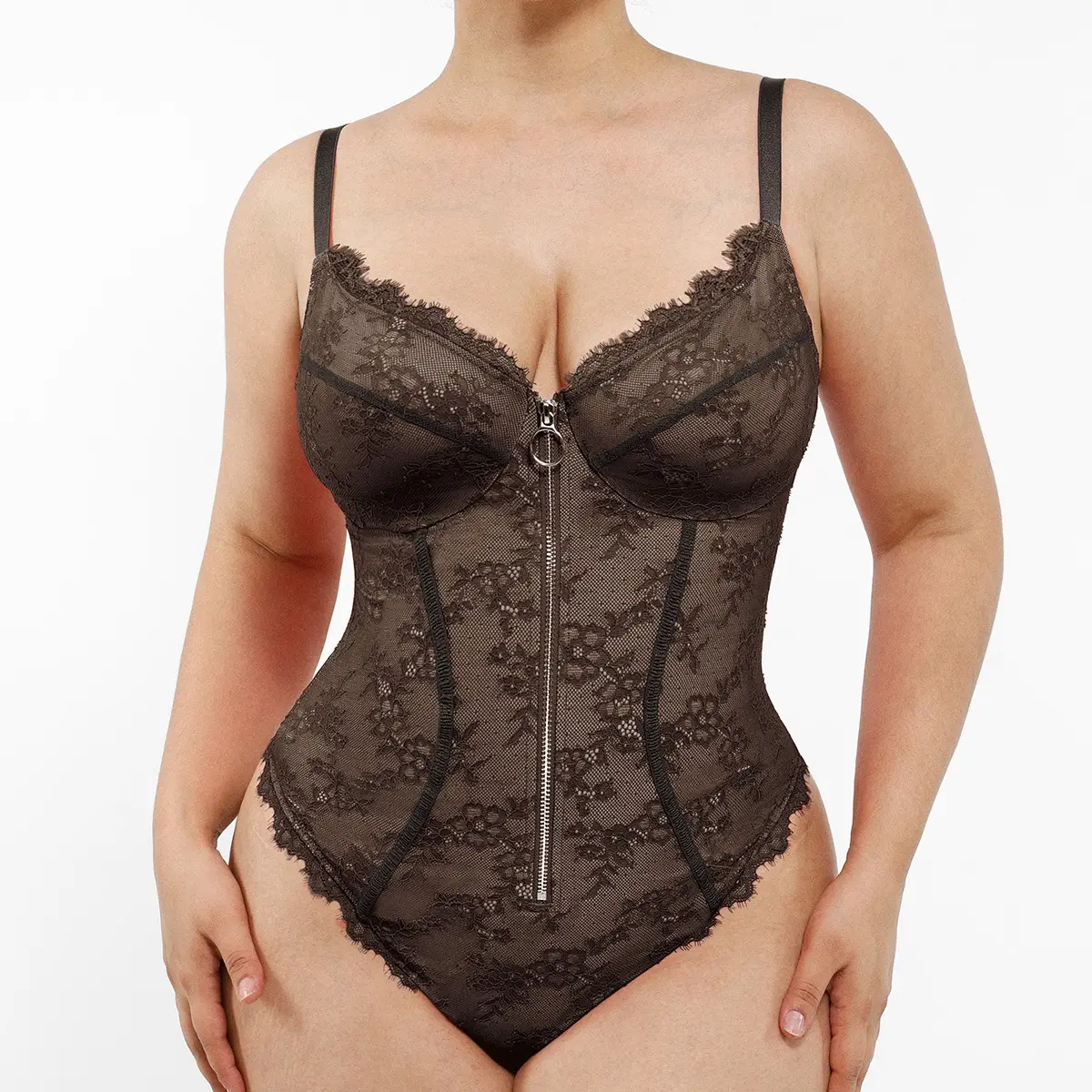 Shapellx Lace Glamour Flawless Zip Front Thong Bodysuit Womenswear Sleeveless Flexible Shoulder Band Nylon Tops Underwear Live