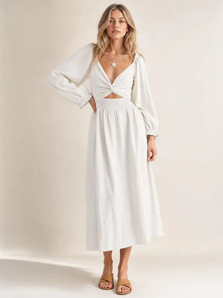 Women's Reversible V-Neck Mid-Length Polyester Dress - 3-Quarter Billowy Lantern Sleeves, Twisted Front Cut-Out, Smocked Elastic Waistband, Flowy Loose-Fit Skirt, Comfortable Machine-Washable Casual Elegant Convertible Beach Outfit, Machine Wash