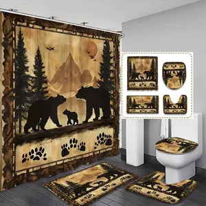 Bear & Forest Pattern Bathroom Decor Set, 1 Set Including Shower Curtain & Toilet Lid Cover & Mat & Toilet Lid Cover, Bathroom Accessories